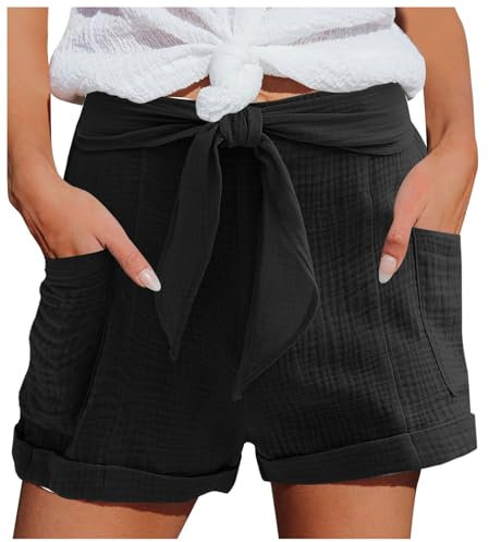 MJIQING Shorts Damen Sommer Leinen Musselin Kurze Hose Beach Shorts Mit Taschen Mode Lässige Stoffhose Freizeit Shorts Elastische Taille Stretch Gerades Bein Sport Shorts mit Kordelzug Leinenhose