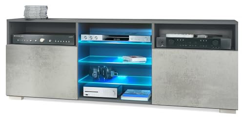 Vladon TV-Board Granada, Lowboard mit 2 Türen und 6 offenen Fächern, Korpus Anthrazit matt, Fronten in Beton Oxid Optik mit RGB LED-Beleuchtung (146 x 54 x 35 cm)