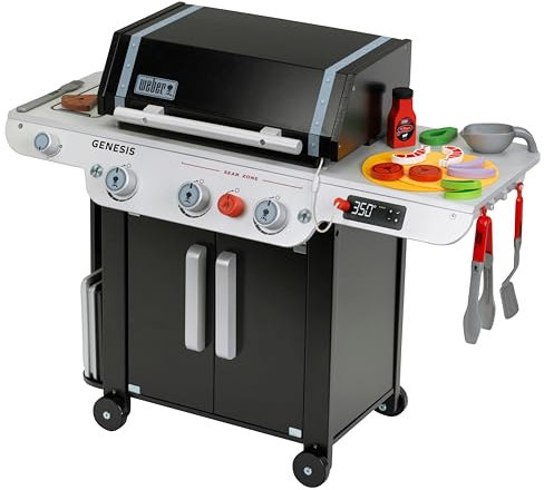 Theo Klein 9445 Barbacoa Weber Genesis de Madera I Incluye Insertos para Filete, Pizza o Verduras, con muñecos de Comida y Cubiertos para Barbacoa, Juguete para niños a Partir de 3 años