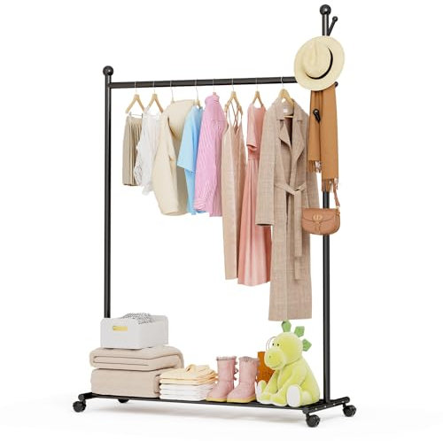 Innotic 4 in 1 Multifunktionale Kleiderständer mit Rollen, Regal und Garderobenständer für Eingang, Wohnzimmer, Schlafzimmer (Klassisch schwarz)