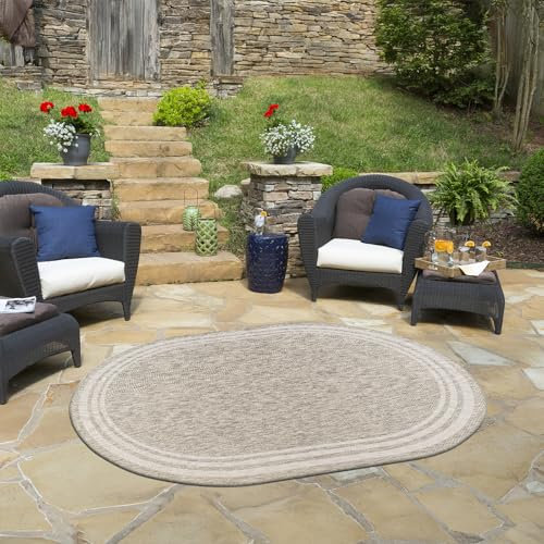 Livabliss Geometric Outdoor Rug - Indoor Outdoor Rug, Colos 160x220 cm Oval- Patio Rugs, Decking, Outdoor Carpet - Boho Colourful Garden Rugs, Patterned, UV Weather, Stain Durable, Grey, Beige,Taupe