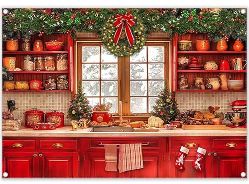 ZTHMOE Fabric 7x5ft Christmas Kitchen Photography Backdrop | Retro Cabinets Window Winter Snow Scene Xmas Tree Background, Family Party Decoration, New Year Photo Props, Grommets, 1PC