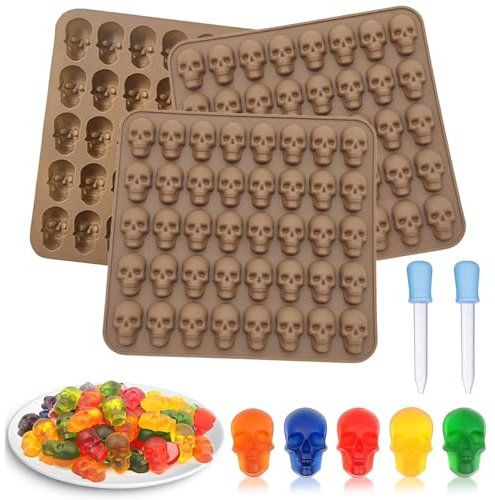 JOYOLA 3 Pezzi Stampi Gommosi a Forma di Teschio, 40 Cavità Stampo in Silicone 3D con Teschio, Stampi Gommosi a Forma di Teschio con Contagocce per Cioccolatini Caramelle Gelatine Cubetti di Ghiaccio