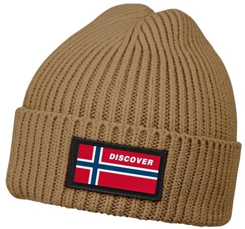 Neverless® Herren Beanie Wintermütze mit Patch Norwegen Flagge Aufdruck Print Strickmütze Männer Rippstrick Hellbraun Unisize