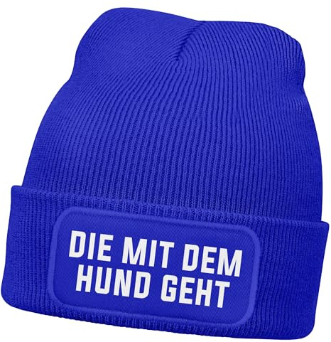 MoonWorks® Damen Beanie Strickmütze mit Patch Spruch Die mit dem Hund geht Aufdruck Lustig Damenmütze