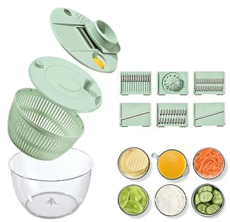Centrifuga per insalata con 6 lame intercambiabili, grande affettaverdure e tritatutto, robot da cucina manuale, verde menta vineeeew