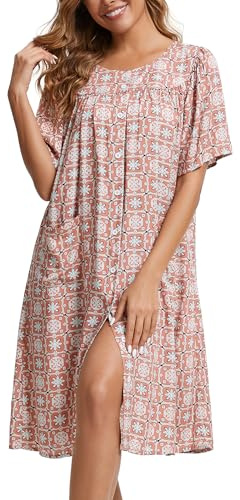 COSUNIONY House Dresses for Women Cotton Short Sleeve House Coat Buttons Down Dusters Robe with Pockets S-XXL