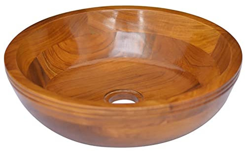 Somanki Waschbecken Massivholz Teak Φ40x10 cm, Aufsatzwaschbecken, Bathroom Sink, Waschtisch, Aufsatzbecken, Ablaufgarnitur - 326160