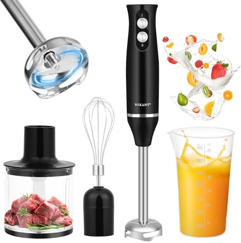 Dreamhigh Mixeur Plongeant Professionnel 4-en-1, Mixer Plongeur Électrique 500W avec 2 Vitesses, Inclus Fouet, Hachoir 500ml & Verre Doseur 700ml – Idéal pour Purées, Soupes & Smoothies