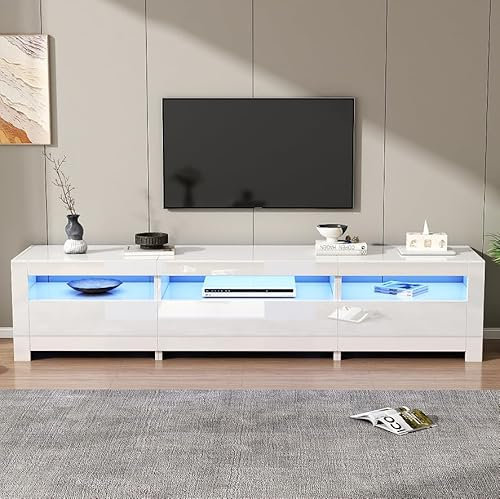 BTM Meuble TV 190 LED, Portes Pliantes & Compartiments, Moderne Banc Tele Table Bas Salon avec Rangement pour Max 80, Longueur 190 x24x90 cm, Brillant Blanc