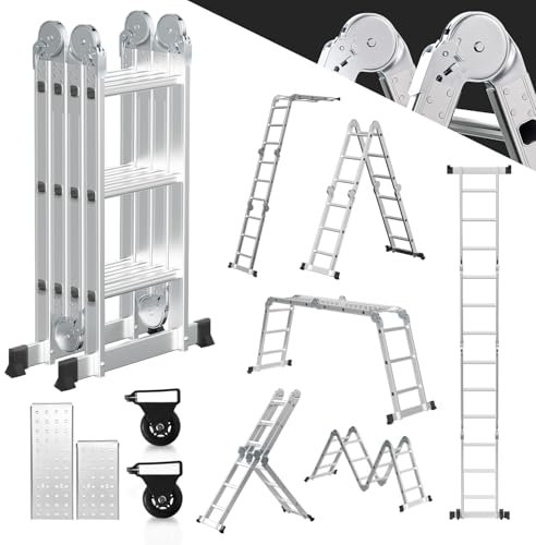 Ansobea Escalera multiusos de aluminio de 3,6 m, 4 x 3 peldaños, escalera multifunción con plataforma, escalera de aluminio con 2 placas de andamio, escalera plegable de 16 peldaños, escalera de hasta