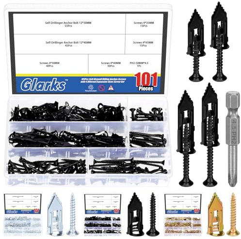 Glarks 201 pezzi Tasselli Autoperforanti per Cartongesso con Set di Viti, 100 pezzi Tasselli per Pareti Cave in Acciaio al Carbonio con Viti Autofilettanti con 100 pezzi Viti e 1 pezzo Kit Punta PH2
