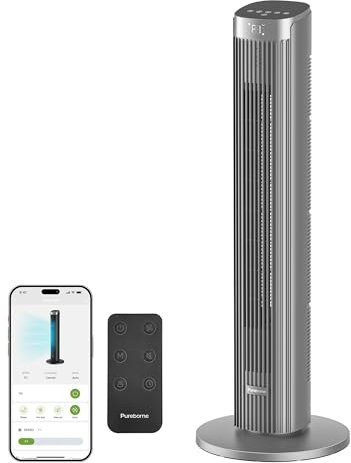 Pureborne 91CM Leiser Ventilator, 90° Oszillation Turmventilator, Standventilator mit Fernbedienung & WLAN, 4 Stufen & 4 Modi, 12H Timer Turmventilatoren für Schlafzimmer, Grey