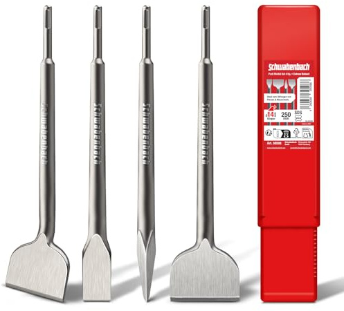 SCHWABENBACH® Set di 4 Scalpelli SDS Plus da 250mm - Scalpello Piatto | Scalpello SDS-Plus Universale per Martelli Perforatori - Ideali per Calcestruzzo, Muratura e Piastrelle