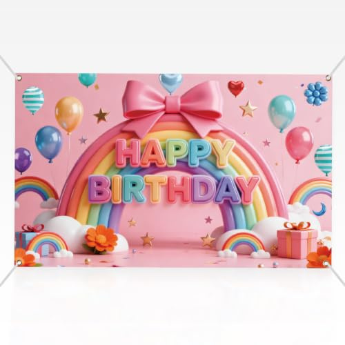 CRAFTYMELODY Regenbogen Geburtstagsbanner 7244 x 3.2cm Süße Rosa Schleife Happy Birthday Hintergrund Mehrfarbiger Ballon Wandbanner Mit Ösen (2)(7) m Schnur