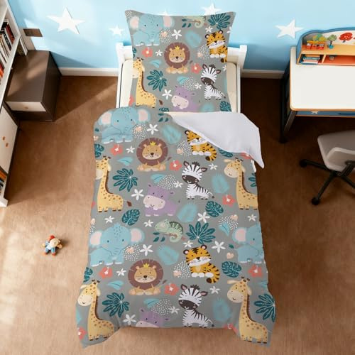 Snugoria Bettwäsche Set 135x200 Tiere für Jungen, Dunkelgrün Kinderbettwäsche mit Reißverschluss, 2-teiligs Bettbezug mit 1 Kopfkissenbezug 80x80cm