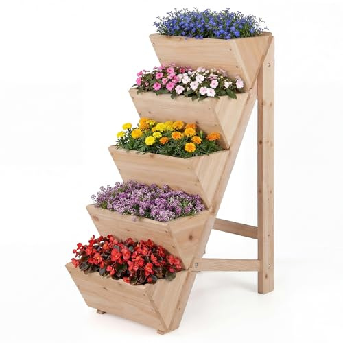 COSTWAY Huerto Urbano Vertical de 5 Niveles, Jardinera Exterior de Madera, Forma de Escalera para Iluminación Suficiente, Meceteros para Flores y Verduras, Terraza, Jardín (53,5x30,5x75 cm,Natural)