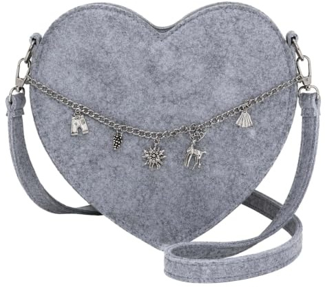 Dirndl Tasche Damen, Graue Herztasche Dirndl aus Filz, Oktoberfest Tasche | Trachten Tasche Damen mit Zierkette Und Alpen-Anhängern, mit Schulterriemen Und Reißverschluss, für Tracht Hochzeit Und Party
