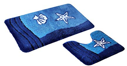 S&S-Shop Badematte Set | Blau | Sealife | mit Ausschnitt | 2 teilig | rutschfest | WC-Vorleger 50 x 45 cm | Badvorleger 50 x 90 cm | Badteppich | Teppich | Bad | Badezimmer