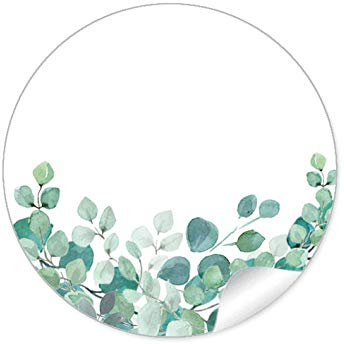 24 STICKER Freitextfeld Etiketten zum selber beschriften als Namensschild für ihre Tischdekoration EUKALYPTUS ZWEIGE GRÜN MINT WEIß, 4 cm, rund, matt