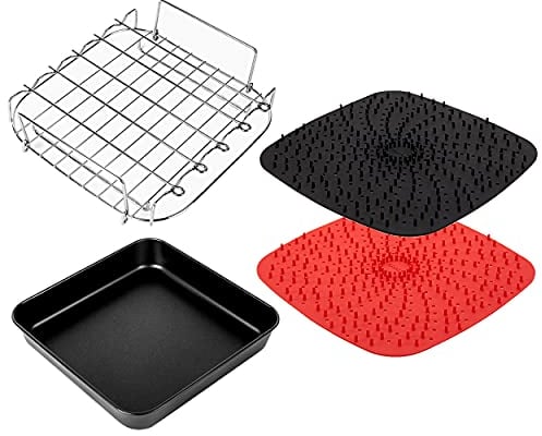 8 inch Square Air Fryer Accessories for Instant Vortex Air Fryer,COSORI,Philips AirFryers,Set of 4,Multi-purpose Double Layer Rack with Skewer,Nonstick Pizza Pan,Silicone Mat