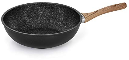 Barazzoni Granitica Extra Induction Wok ø28 cm, mango ecológico madera roble, revestimiento interior innovador Marmotech de 5 capas efecto piedra. Fabricado en Italia