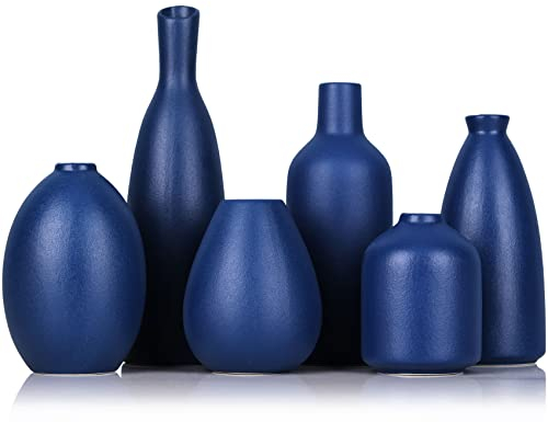 Vase en céramique Bleu - Lot de 6 vases Bleus bourgeons, vases décoratifs Bleu Marine de Ferme Moderne pour la Maison, Le Bureau, Le Salon, Les centres de Table, la cheminée, la décoration de Table