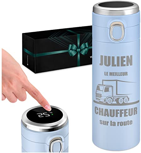 Maverton Mug Isotherme à personnaliser pour homme - 0,4l Bouteille isotherme avec Afficheur de température LED - Thermos à emporter gravé - pour papa - ami - anniversaire - camion