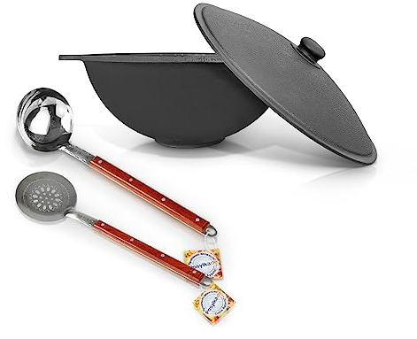 Gusseisen Kazan 3,5 L Aluminiumdeckel Schaumlöffel für Plov, 40 cm, Schöpflöffel für Plov, 40 cm Usbekisch Uzbekistan Kochtopf WOK Plov плов казан Kasan Feuerofen Plov учак Namangan