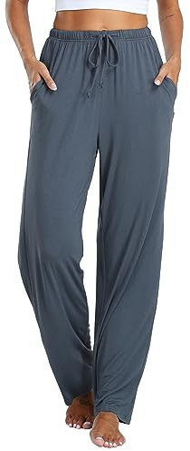 Vlazom Damen Schlafanzughose Modal Lang Weich Loungehose Freizeithose Yogahose Nachtwäsche Hosen mit Taschen Pyjamahose mit geradem Beinil(S,Dunkelgrau)