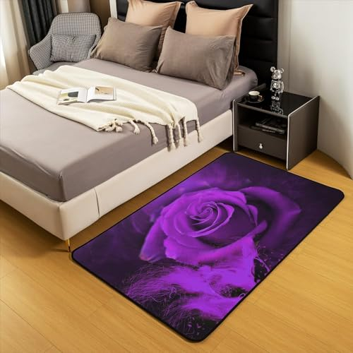 HATEGE Teppich Wohnzimmer 60 x 100 cm Waschbar Lila Rose, Outdoor Teppiche Kurzflor 3D Romantisches Thema, Carpet Flauschig Lila Rose WS3229