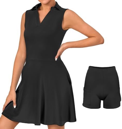 Bezioner Tennis Dresses for Women Golf Dress with Shorts Workout Athletic Dress Sleeveless with Pockets Black XXL