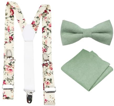 Luxuriöse Herren-Fliege, Einstecktuch und Hosenträger aus Baumwollmischgewebe, Hosenträger mit Fliege und Einstecktuch und cremefarbenem Blumenmuster, Bow Tie: Length 11.5cm. Width: 7.5cm