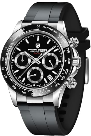 Pagani Design Daytona Hommage Herren Quarzuhr, Chronographen-Armbanduhr für Herren, VK63 Uhrwerk, Edelstahlband, PD1644 (schwarz, Gummi)