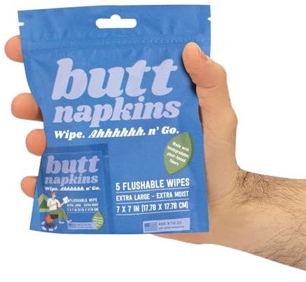 Butt Napkins - Water-Based Flushable Wipes, Individually Wrapped, For On-The-Go & Travel, Running, Camping, Festivals. Unscented & Hypoallergenic, Adult Sized (Camping, 5 Count (Pack of 1))