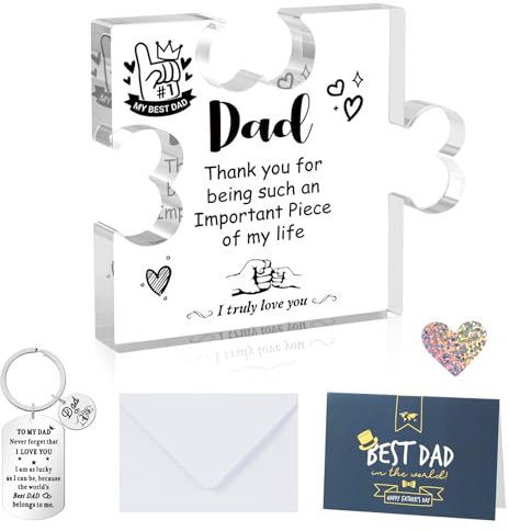 Gifts for Dad Who Has Everything Puzzle Shaped Acrylic Plaque with Greeting card Dad Gifts from Daughter Daddy Presents from Son Birthday Christmas Ideas Presents