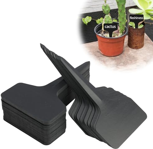 100 Piezas Negro Etiquetas para Plantas de Tipo T de Marcadores de Jardín en Plástico Impermeable, 10 x 6 cm con Área de Escritura de 6 x 3 cm, Incluye Rotulador Resistente al Agua y al Sol