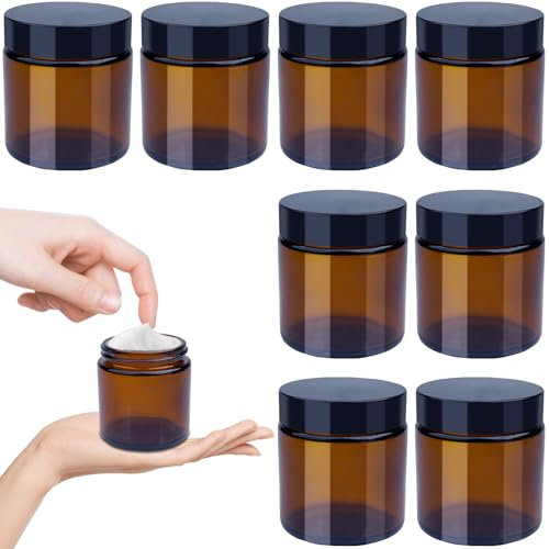 Roellgs Amber Glass Jars, 8 Pack 100 ml Glass Jars with Lids - Brown Travel Cosmetic Containers, Travel Pots with UV Protection for Powder, Lotion and Cream (100g)