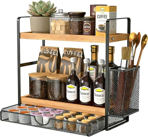 Harnidipa 2 Tier Kitchen Storage & Organisation Rack, Coffee Station, Black Countertop Organiser with Drawer and Basket, for Spice Rack, Tea Organiser and Restaurant Storage