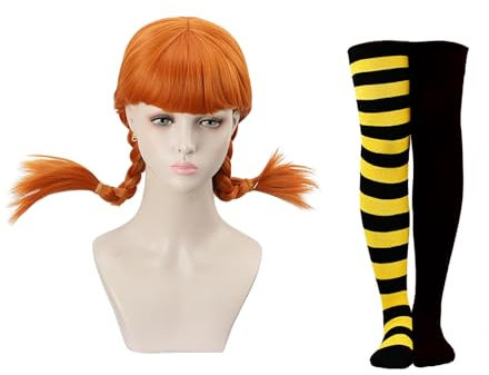 TOMIGO Damen Lange Orange Zöpfe Perücke mit Schwarz und Gelb gestreiften Socken für Halloween Karneval Cosplay Kostüm