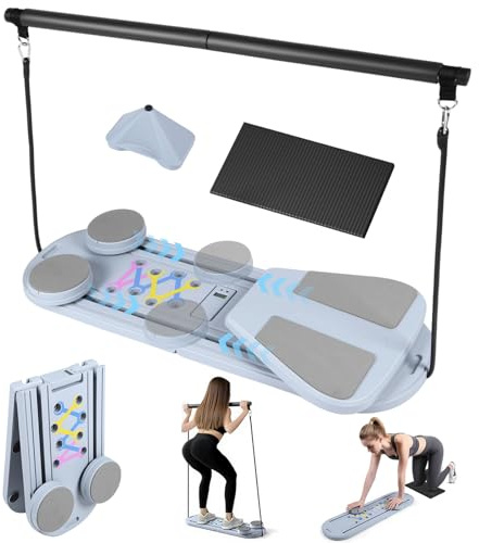 Foldable Pilates Board Set for Home Pilates Reformer Machine with Timer Counter Full Body Workout Equipment with Ab Roller Horizontal Bar Knee Pads Resistance Bands(Grey)