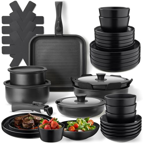 tectake® 41-tlg. Küchenstarterset, Steingut Geschirrset 6 Personen, Teller Set, 2x Kochtopf, 4x Bratpfanne mit Deckel, rostfrei, abnehmbare Griffe, induktionsgeeignet, inkl. Topfschoner - schwarz