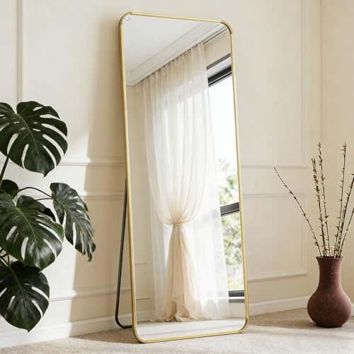 PengGengA Miroirs Rectangulaire Miroir d'angle Arrondi sur Pied Miroir Mural Complet avec Cadre en Aluminium Miroirs de Dressing pour Chambre à Coucher, Salon - Or, 171x76cm | 68 L x 30 W
