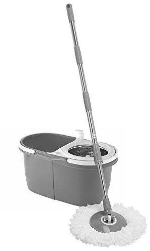 Easy Clean Spin Mop Dual Bucket Set with 2 Heads Stainless Steel 360° Spinner with Soap Dispenser (Grey)