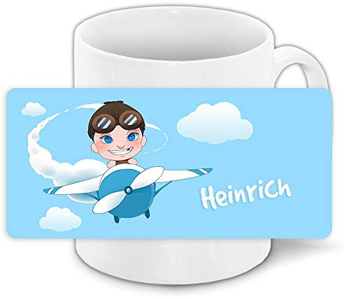 Tasse mit Namen Heinrich und Motiv mit Flugzeug und Pilot für Jungen | Keramik-Tasse | Kinder-Tasse