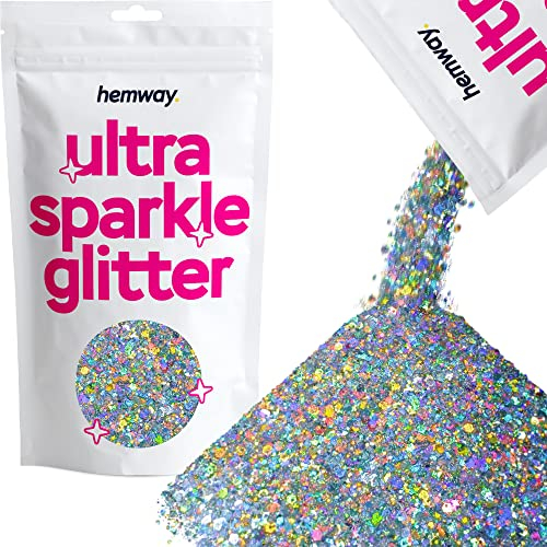Hemway Ultra Sparkle Glitter - Silver Holographic Mix | 100g Mixed Metallic Flakes for Resin & Epoxy Crafts | Supplies for Tumblers, Festival, Hair, Face, Body, Eye & Nail Art Decoration
