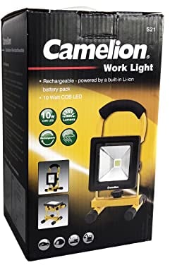 Camelion 30200058 - Akku Strahler mit 10W COB LED, ca. 13,2 x 12,2 x 25,5 cm, Helligkeit 800 Lumen, mit AC Ladekabel + KFZ Ladegerät, ideal für Werkstatt, Keller, Garten und Camping