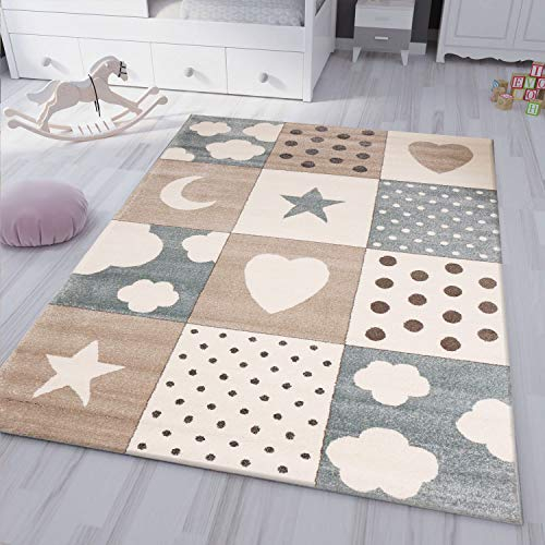 VIMODA Kinderteppich Teppich Kinderzimmer Babyteppich mit Herz Stern Mond, Maße:160x230 cm