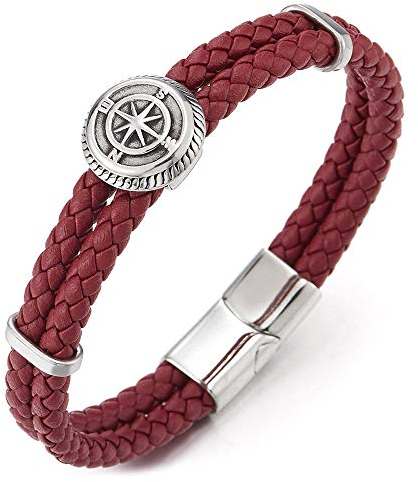 iMETACLII Homme Acier Rouge Véritable Cuir Double Brin Bracelet avec Boussole Charmes Femme