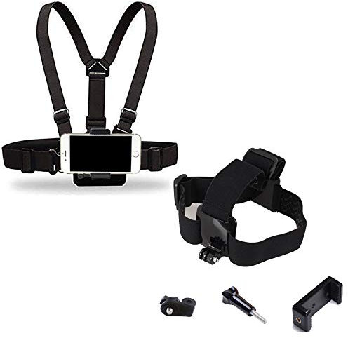 Supkeyer 2in1 Chest Mount+ Head Mount Strap Harness with Phone Clip & J-Hook for Sport Action Camera/Gopro Hero 12 11 10 9 8 / for iPhone 16 15 14 13 12 11 Pro Max Xs XR